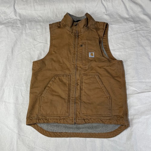 Carhartt Vest Mens Small S Brown Sherpa Lined Work Wear Canvas 0V4277-M Logo USA