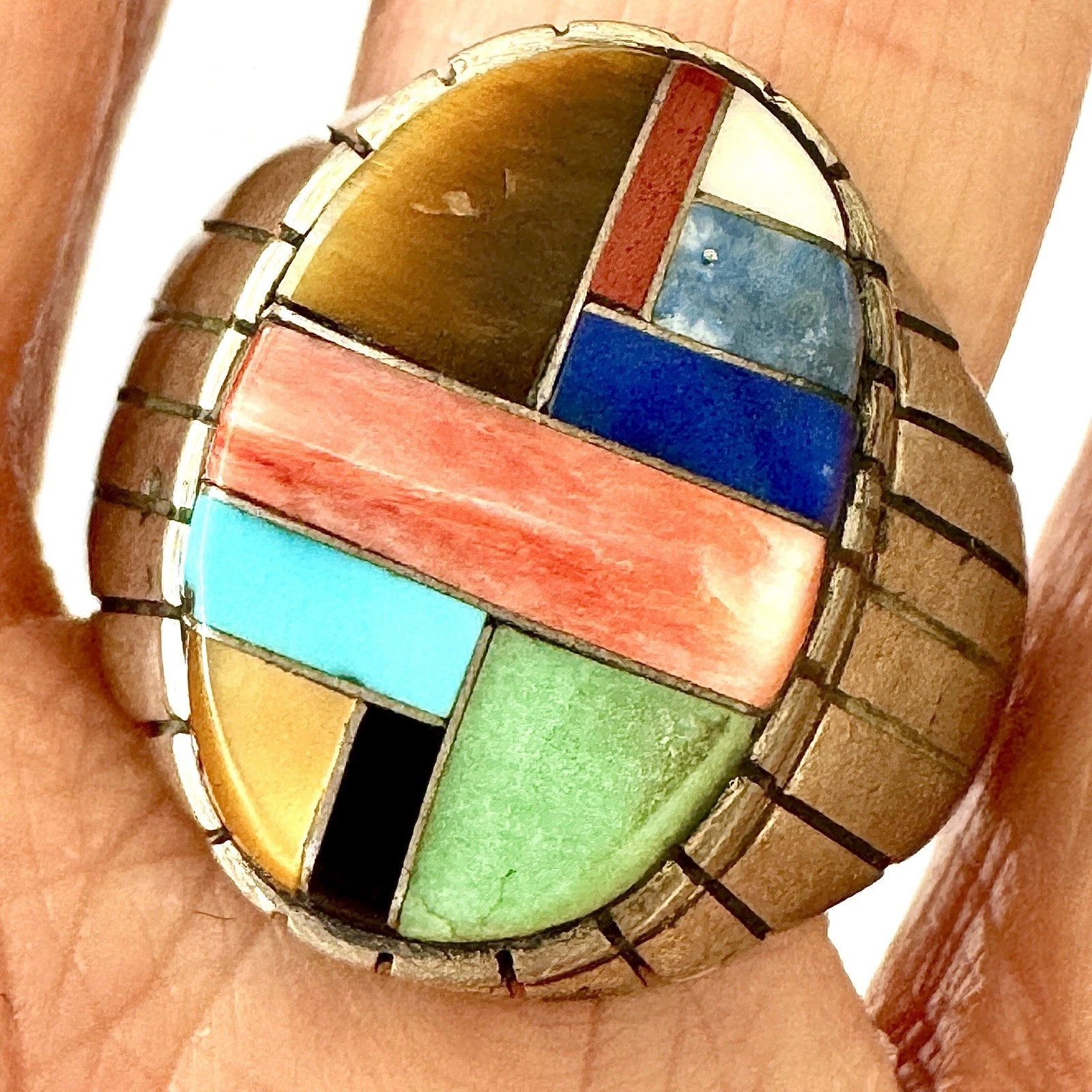 VTG Ray Jack Turquoise Multi Stone Inlay Mens Ring Sz 12 Oval Navajo Ster 20mm