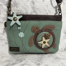 Chala Sea Turtle Convertible Crossbody Clutch Purse Teal & Brown Faux Leather