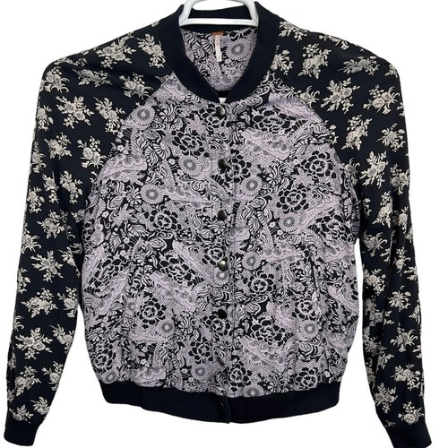 Free People Bomber Jacket Black Purple Floral Snap Close Lightweight Boho Size S - Picture 4 of 12