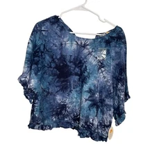 C&C California Blouse Women's Medium Blue Tie-Dye Linen Short Sleeve Shirt Top