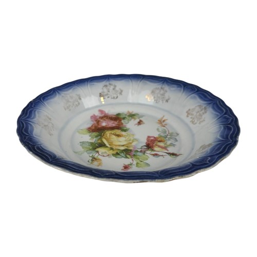 Vintage Serving Bowl Floral Farmhouse Romance Blue Rim Yellow Red ROSE Victorian - Picture 5 of 12