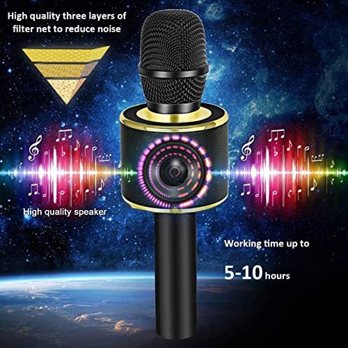 Wireless Bluetooth Karaoke Microphone, 3-in-1 Portable Handheld Mic Black Gold - Picture 5 of 7