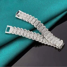 925 Sterling Silver Pattern Flower Wide Wristband Bracelet Chain Fashion Jewelry