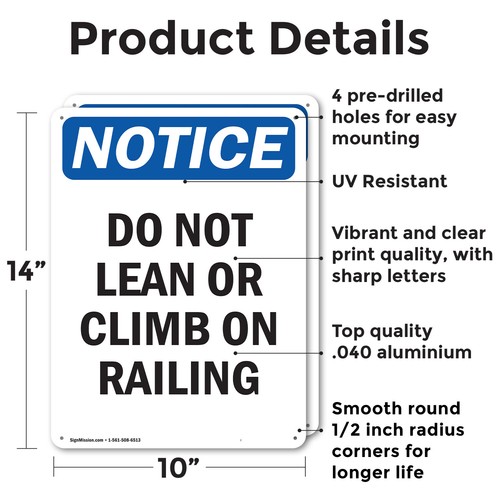 (2er-Pack) Nicht anlehnen oder auf Geländer klettern OSHA Hinweis Schild Aufkleber Metall Kunststoff - Bild 2 von 21