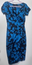 LADY VINTAGE Blue Black Wrap Front Vintage Style Wiggle Dress Size UK 10