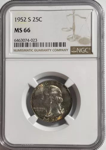 1952-S Washington 25C (#14982) NGC MS66. Nice toning both sides.