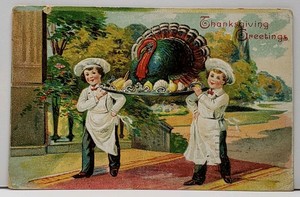 Thanksgiving-Greeting-Boys-Delivering-the-Turkey-Embossed-1908-Postcard-F16