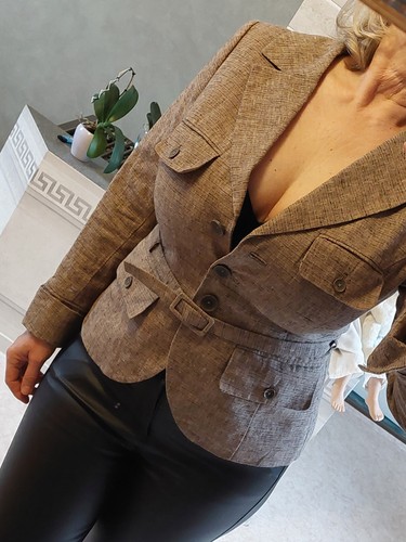 Business Damen Leinen Blazer Jacke mit Gürtel H&M Hellbraun Melange Gr. 38 - Bild 2 von 21