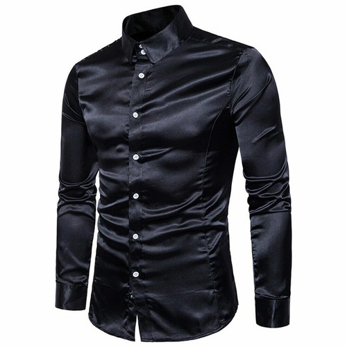 Camisa Para Hombres Seda-Como Manga Larga Metálica Brillante Blusa Con Botones Prendas para el torso Mostrar - Imagen 14 de 22