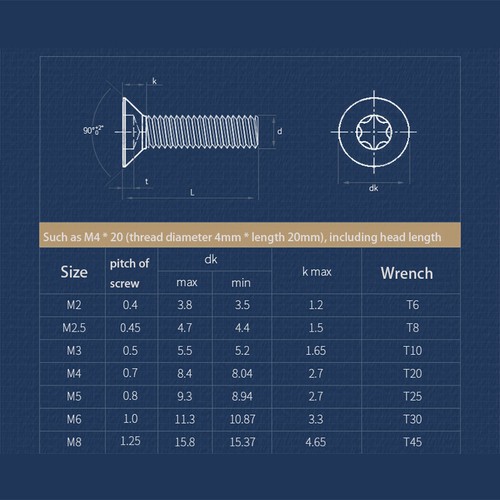 Countersunk TORX Screws 304(A2) Stainless Steel Flat Head Bolts M2 M2.5 M3 M4 - Picture 7 of 7