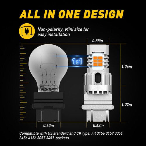 2X 3157 P27/7W LED Brake Light Canbus Reverse Bulb Error Free 6500K Amber AUXITO - Picture 5 of 9