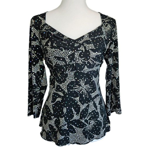 Vintage dressbarn Black Floral Babydoll Top Women's Medium Sequin Whimsigoth Y2K - Picture 1 of 9