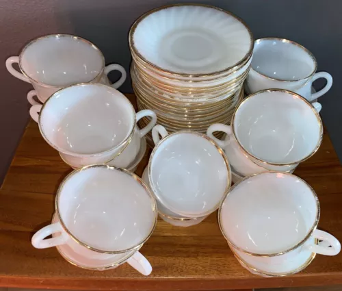 Anchor Hocking Fire King Oven Ware Milk Glass Gold Rim 23 Cups & 25 Saucers USA