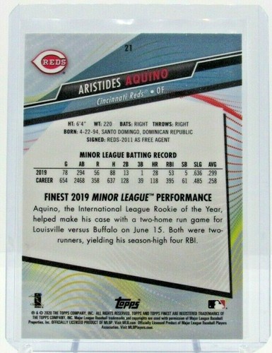 2020 Topps Finest #21 Aristides Aquino RC Rookie Cincinnati Reds - Picture 2 of 2