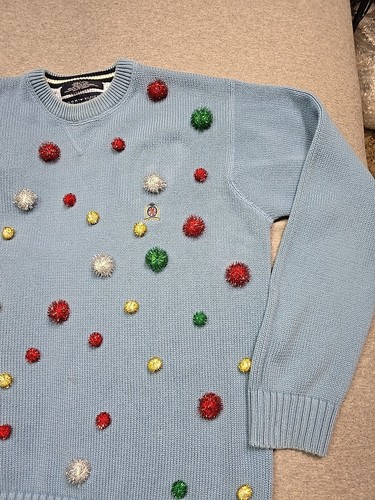Tommy Hilfiger Sweater Mens Medium Blue Pullover Decorated For Christmas Pompoms - Picture 4 of 17