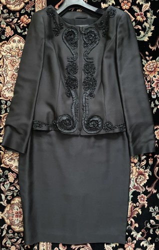 Nuevo Traje de Seda Negro ESCADA Floral Desplazamiento Acentuado Chaqueta y Falda Talla 40 - Imagen 12 de 12