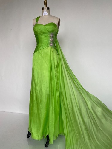Green Prom Dress Size 6 Silk Train Beaded Lime Evening Gown Leg Slit Sz 6 - Picture 3 of 5