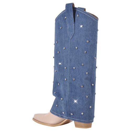 Women's Rhinestone Pointed Toe Chunky Heel Fold Over Western Knee High Boots - Picture 3 of 27