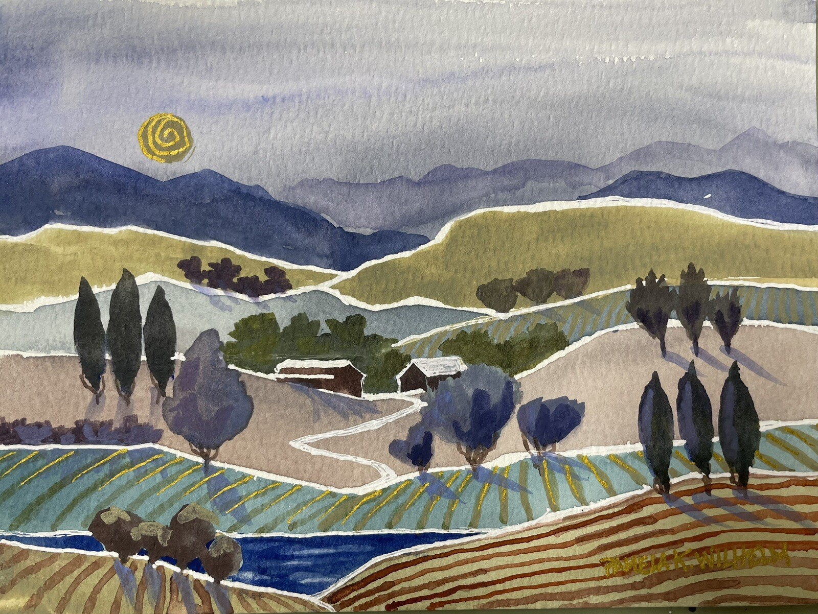 "Acuarela estilo arte popular vista Farm Hills original 5""X7"" Pamela Wilhelm"