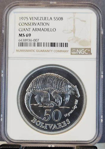 1977 VENEZUELA SILVER 50 BOLIVARES GIANT ARMADILLO NGC MS 69 RARE TOP POP
