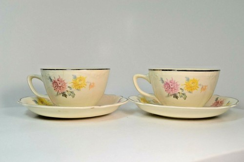 Homer Laughlin Virginia Rose Tea Cup Saucer w/ Silver Trim Yellow Pink 2 Sets - Picture 3 of 12