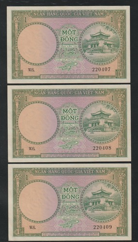 1955 Südvietnam National Banknoten aufeinanderfolgend Triple Một Đồng Pick 1a    - Bild 1 von 3