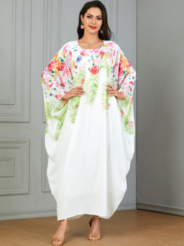 Moroccan Printed Kaftan Muslim Women Maxi Dress Dubai Abaya Loose Batwing Robe - Picture 11 of 14