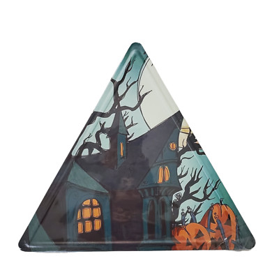 Halloween Triangle Metal Sign Haunted House Scene with Pumpkins Metal Sign 13x12
