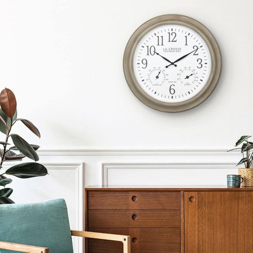 La Crosse Technology Wall Clock w/ Temp+Humidity 18" Atomic Analog Round Tan - Picture 3 of 4