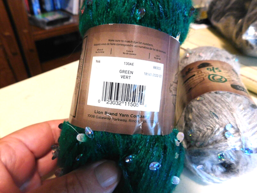 2 SKEINS LION BRAND SPARKLE YARN, GREEN AND GRAY - Picture 2 of 4