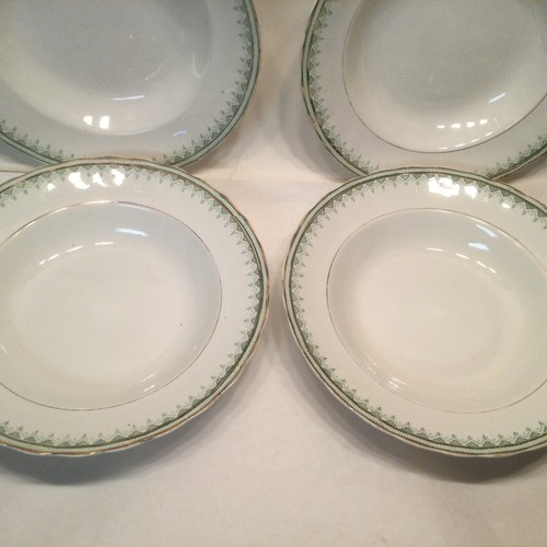5 Furnivals England Rimmed Bowls Green Gold Geometric Trim 9” Soup Pasta Salad - Picture 8 of 9