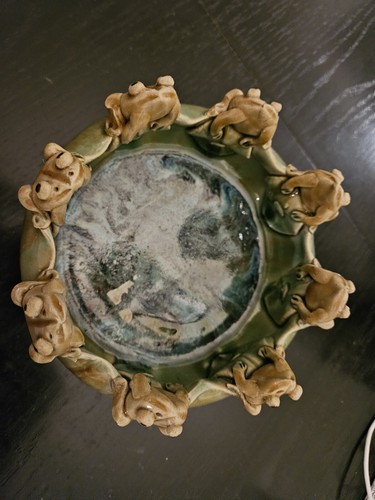 Vintage Majolica Frog Bowl.8 Frogs On Rim Art Pottery Planter Flower Pot Chinese - Bild 3 von 5