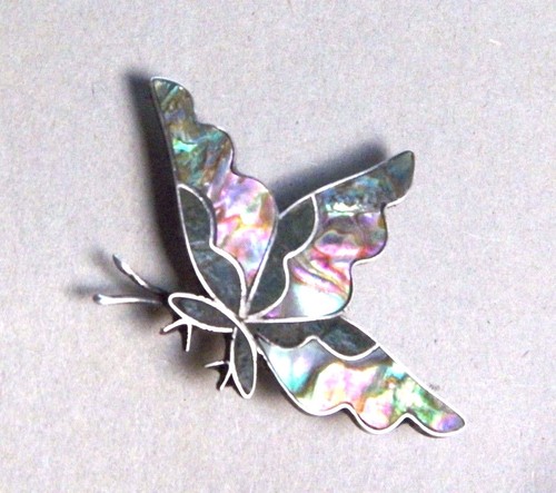 VINTAGE 1960'S INLAID ABALONE - ONYX STERLING BUTTERFLY, TAXCO - Picture 3 of 3