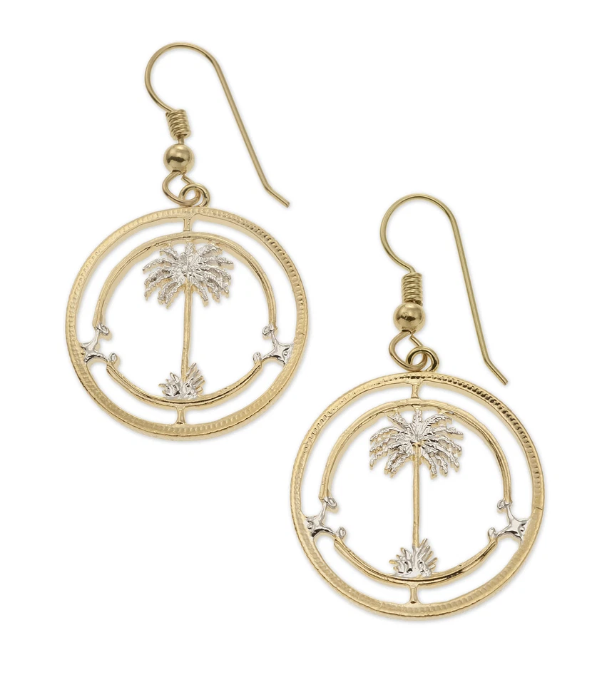 Pendientes Palmera, Moneda Corte a Mano, Oro 14K y Chapado en Rodio.7/8" en Diámetro.(#42E) Foto 3 de 3