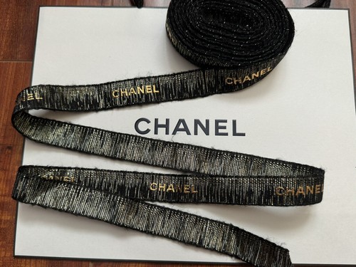 CHANEL Black Glittered & Metallic Gold Lettering Ribbon - 53” Long - Picture 2 of 3