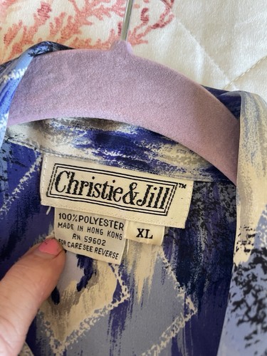 Christie & Jill Vintage Abstract Blues Button Front Pocket Hong Kong Shirt XL - Picture 7 of 7