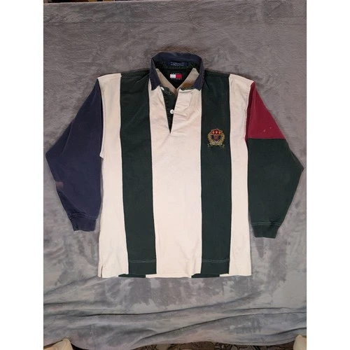 Vintage Tommy Hilfiger Mens Rugby Shirt Green White Stripe Crest Logo Medium - product listing photo