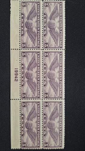 Scott #C-12, M/F/NH/NF, 5 Cent, violett, geflügelter Globus, # 6er Block, Luftpost
