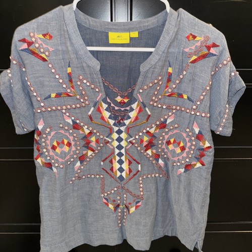 Roberta Roller Rabbit Chambray Embroidered Short Sleeved Blouse XS Multicolor - Picture 2 of 7
