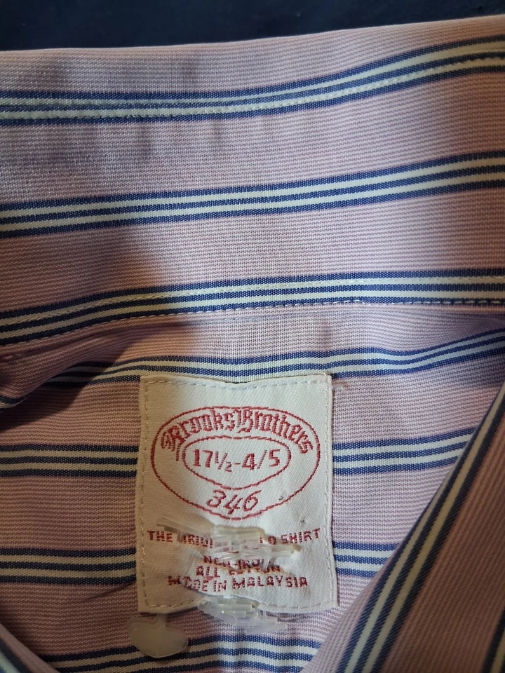Brooks Brothers 346 White Pink Blue Stripe Shirt Mens 17.5 4/5 Button Up L/S - Image 4 of 4