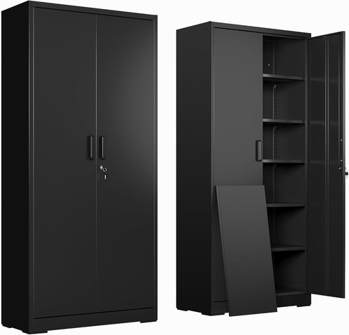 Metal Garage Storage Cabinet with 2 Doors and 5 Adjustable Shelves, 71'' Black