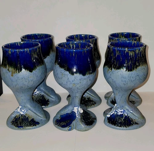 6 SIGNED Doug Wylie Pottery Wine Goblets Mugs Blue Gray Whale Tail Clayfish 1990