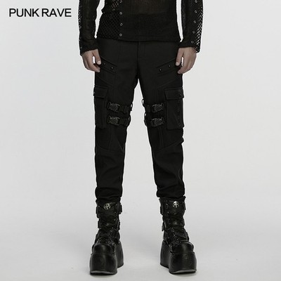 Punk Rave Men Black Gothic Punk Waterproof Techwear Pants Slim Fit Trousers