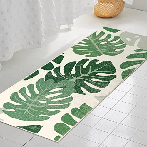 Bathroom Runner Rugs 18x47 inch,Non-Slip Green Leaf Long Bathroom Rug Velvet - Picture 3 of 8
