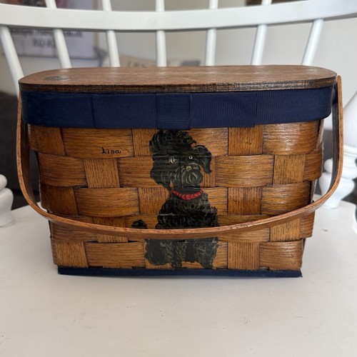 1971 Vintage Wooden Woven Handpainted Basket Purse Poodle Dog - Picture 10 of 10