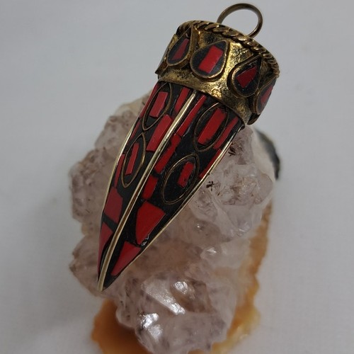 Tibetan Brass Red Coral Hand Inlayed Horn Tooth pendant 2 1/8" L x 3/4" - Picture 3 of 18