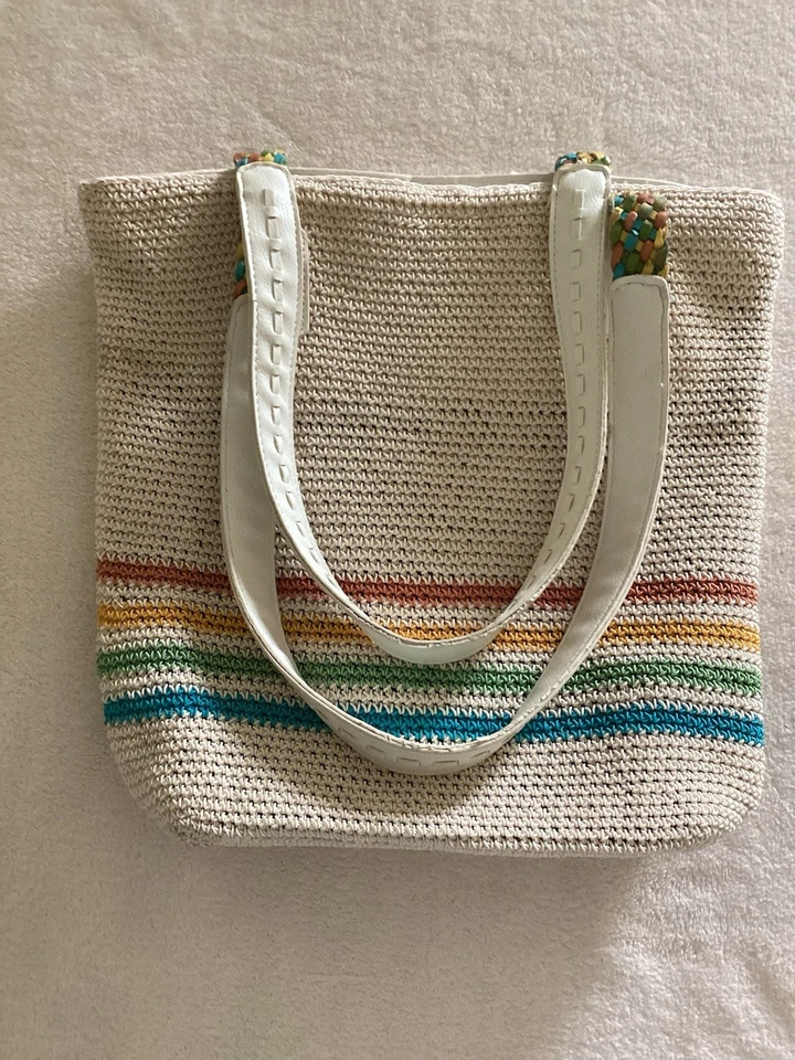 Jaclyn Smith Beige Bag w/orange,gold,green,blue stripes Zip Top 3 Inside Pockets - Image 3 of 4