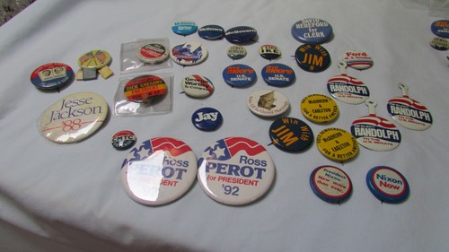 political button lot- Gregory, Perot, Humphrey, McGovern, Nixon, Ford, Jackson