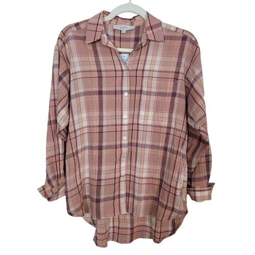 LOFT Ann Taylor Gauze Button Up Shirt Peach Plaid Casual Sz XXS Petite NEW - Picture 1 of 9